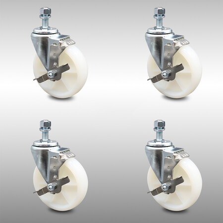 Service Caster 5 Inch SS Nylon Wheel Swivel 10mm Threaded Stem Caster Set Brake SCC SCC-SSTS20S514-NYS-TLB-M1015-4